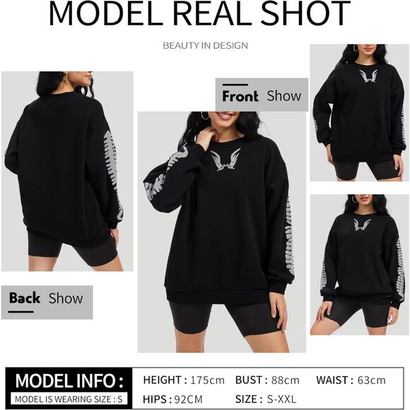 Gothic Skeleton Sweatshirt Women Oversized Long Sleeve Reflective Casual Fitted - Picture 2 of 6